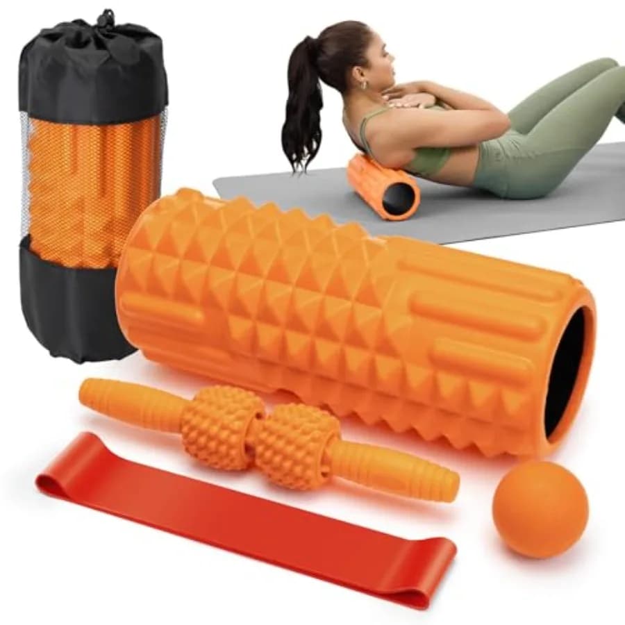 Set Rullo in Schiuma 5 in 1 - Rullo per Tessuti Profondi, Bastone Massaggiante, Palla da Massaggio, Banda di Resistenza per Fisioterapia e Massaggio Profondo
