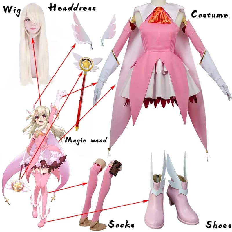 Anime Fate Kaleid Liner Prisma Illya FGO Illya Costume Cosplay Abito rosa Gonna a strati superiore con mantello Halloween Custom Made