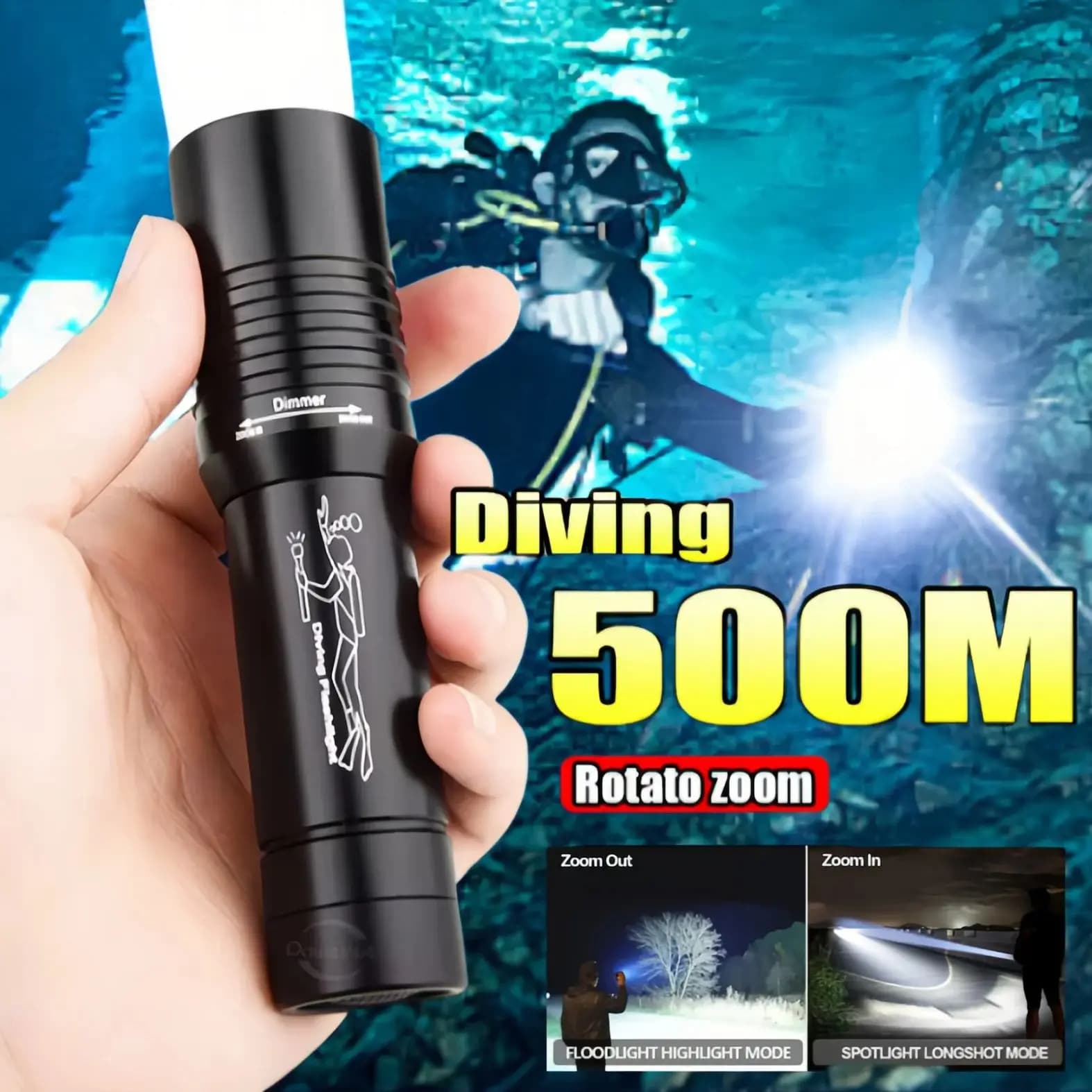 Professional LED underwater flashlight IPX8 underwater light with high-power zoom with rechargeable camping fishing light with hand rope