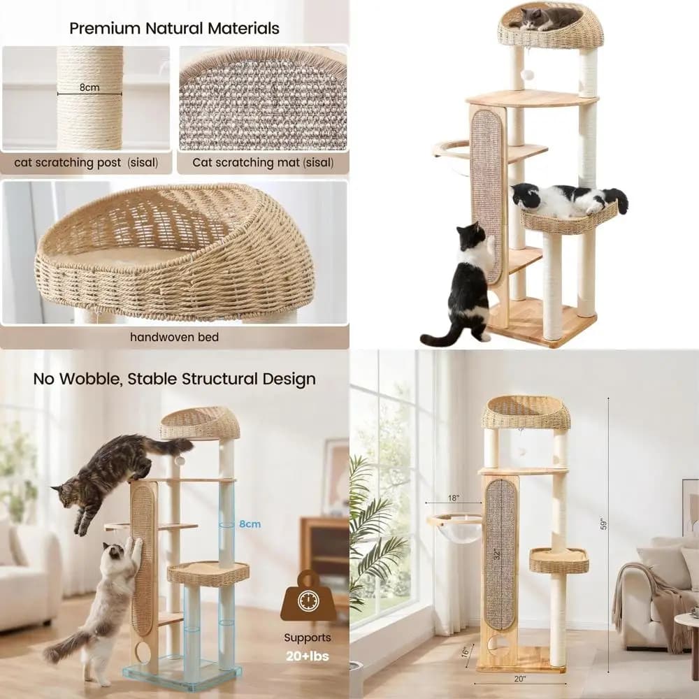 Albero per gatti 59 con tiragraffi, sisal extra lungo, cesto intrecciato a mano e cuccia a capsula spaziale