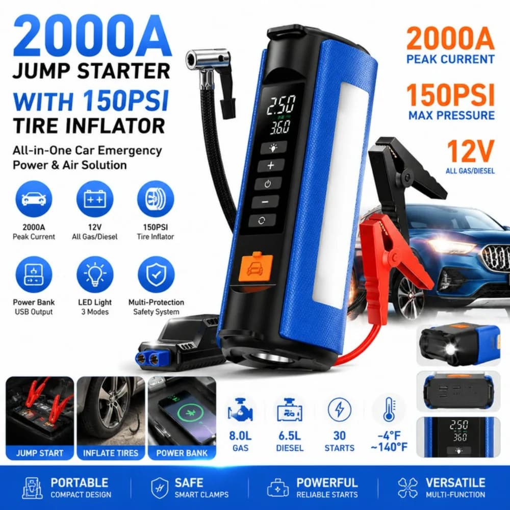 2000A Jump Car Battery Starter with 150PSI Tire Inflator 12V Car Battery Booster Power Bank Portable Auto Emergency Air Pump