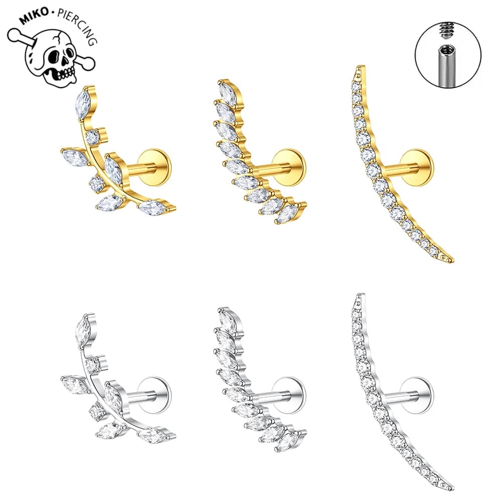 G23 Titanium Ear Climber Cartilage Helix Earring 16G Leaves Marquise CZ Tragus Labret Stud Flat Back Piercing body Jewelry
