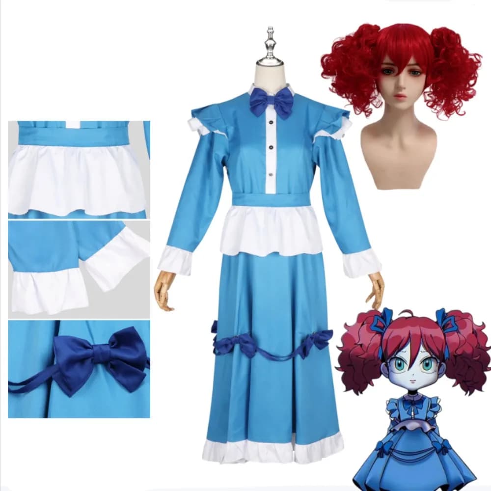 Costume Cosplay Poppy Red Hair Set Completo, Vestito Blu Carino per Donne Adulte, Outfit per Halloween, Spettacoli Teatrali, Anime Convention e Carnevale