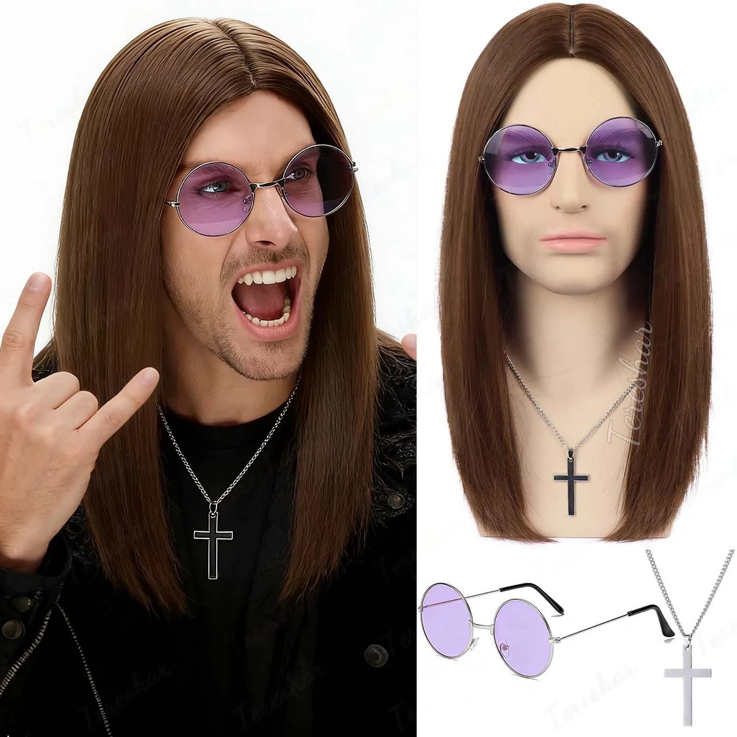 Synthetic Long Brown|Black Straight 80s Heavy Metal Rocker Wig for Men Including Cross Necklace and Glasses, Ozzy Osbourne Wig