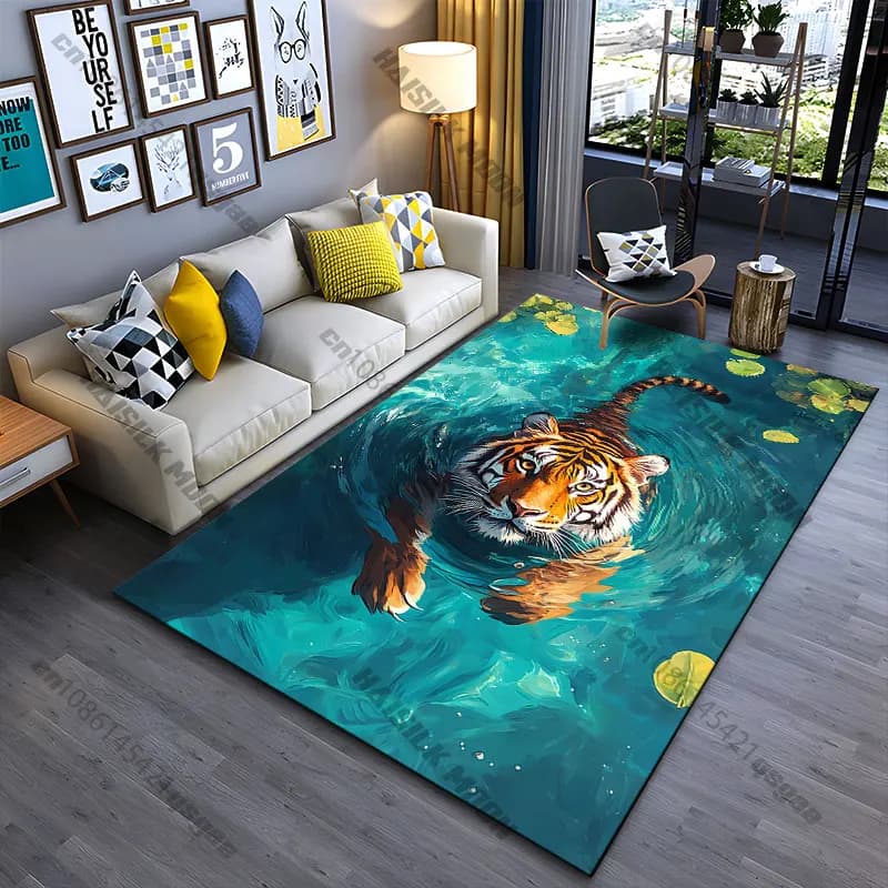 Carpet with tiger swimming in clear water, yoga mat, decoration for living room, baby cat mat, tiger mat, game mat