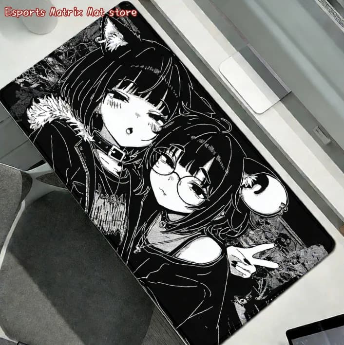 Tappetino per mouse con ragazze anime in bianco e nero - Tappetino da scrivania da gioco esteso di grandi dimensioni per giocatori di PC