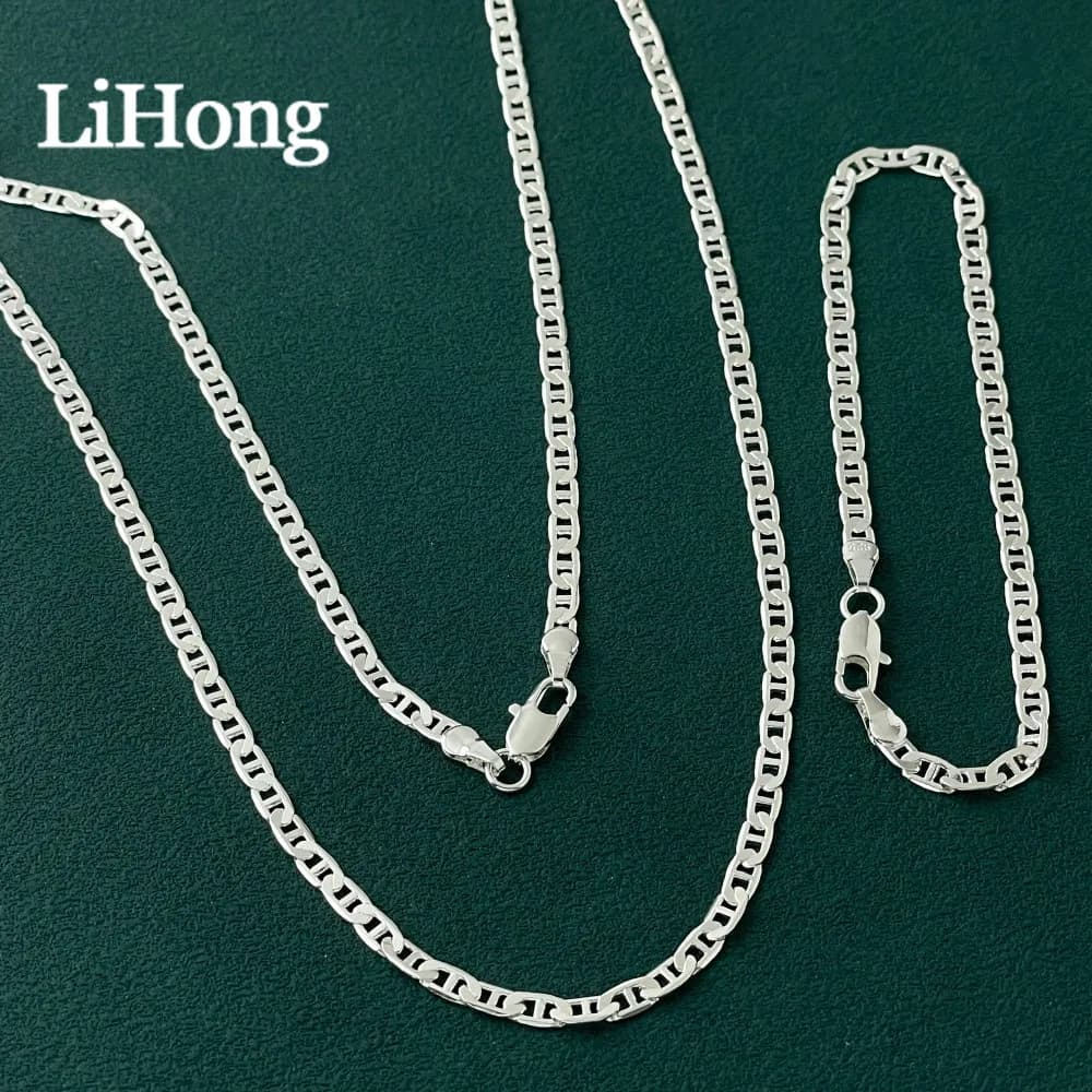 LihongWholesale Men's 925 Sterling Silver Necklace Bracelet Set 4MM 40-60cm Chain Lobster Clasp Man Boy Women Engagement Jewelry