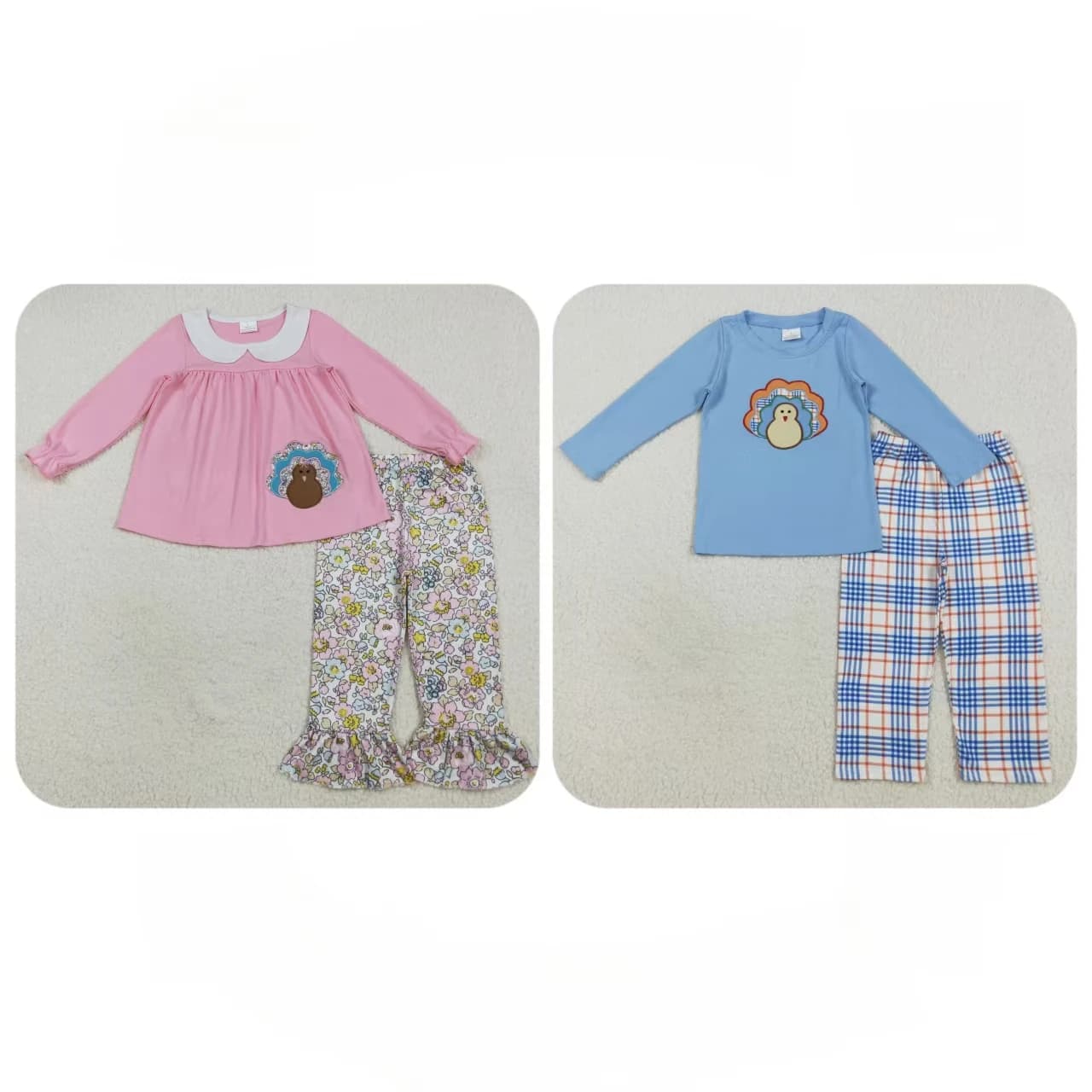 Wholesale Boy Girl Fall Long Sleeves Embroidery turkey Tops Children Plaid Pants Set Pajamas Toddler Baby Kids Outfit Clothing