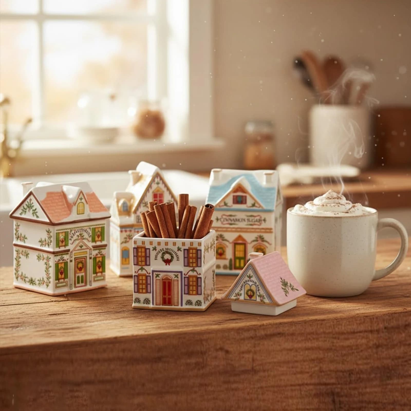 6Pcs Holiday Village Spice House Set Desktop Decoration House Mini Village Spice House Jars for Candles Spices Tea Party Favors
