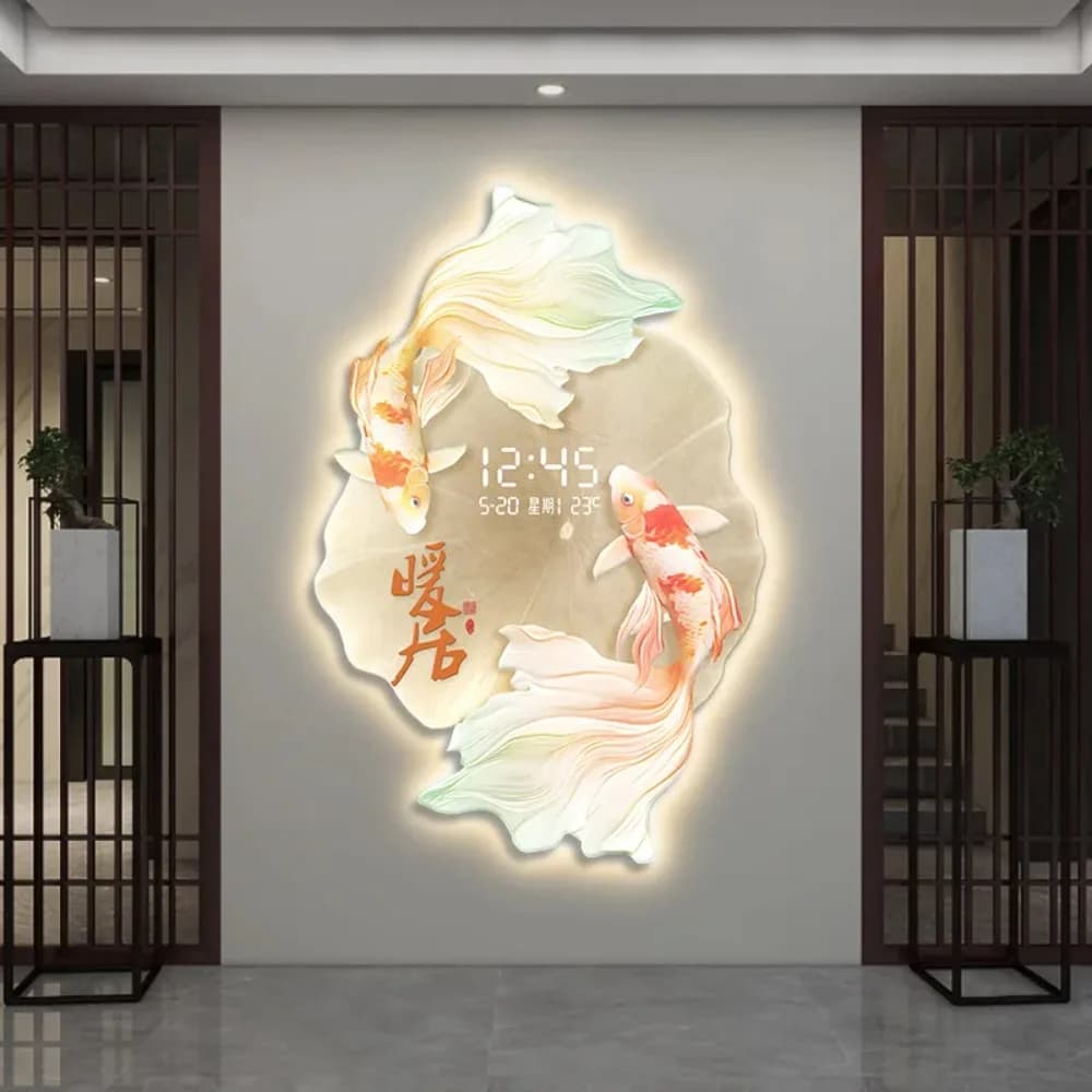 New Chinese Style Koi Fish Input Decoration Painting - 3D Embossed Living Room Art Handmade with Digital Display Clock