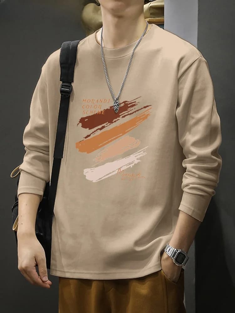 Long Sleeve Cotton T-Shirt Men's Loose Fit Casual Top Trendy Large Size Youth Versatile Base Shirt Breathable Comfortable