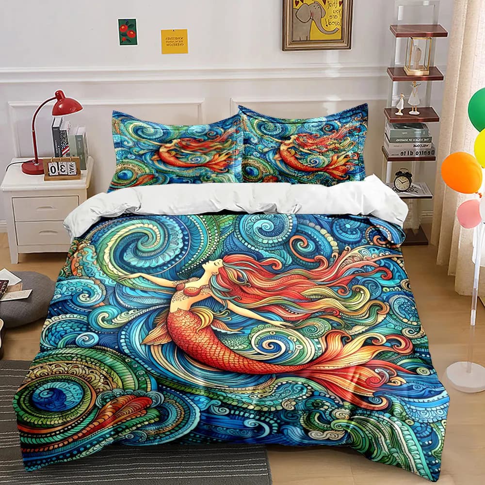 Set Decorativo a Tema Sirena, Morbido e Confortevole Set Copripiumino con 1 Copripiumino e 2 Federe, Regalo