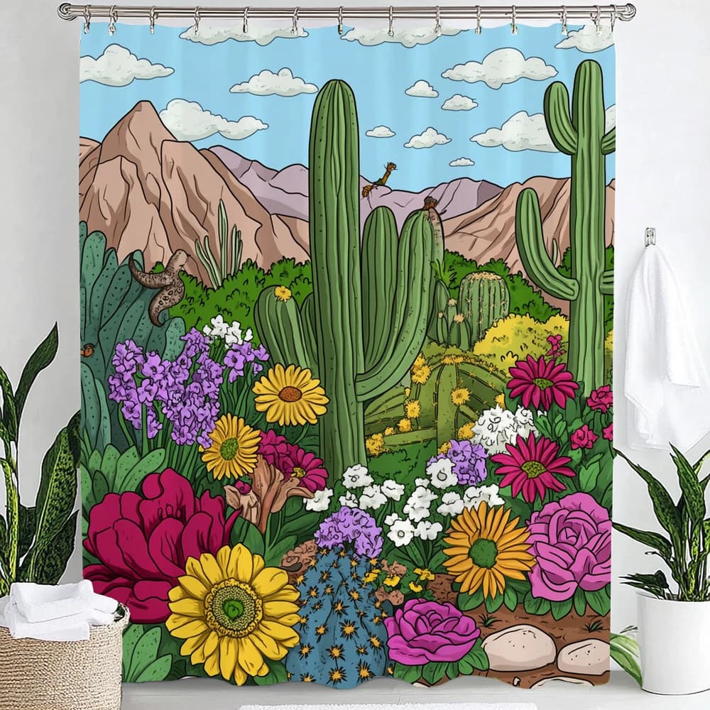 Tenda da doccia con stampa di piante tropicali e cactus, tenda da bagno, tenda decorativa con 12 ganci, lavabile in lavatrice