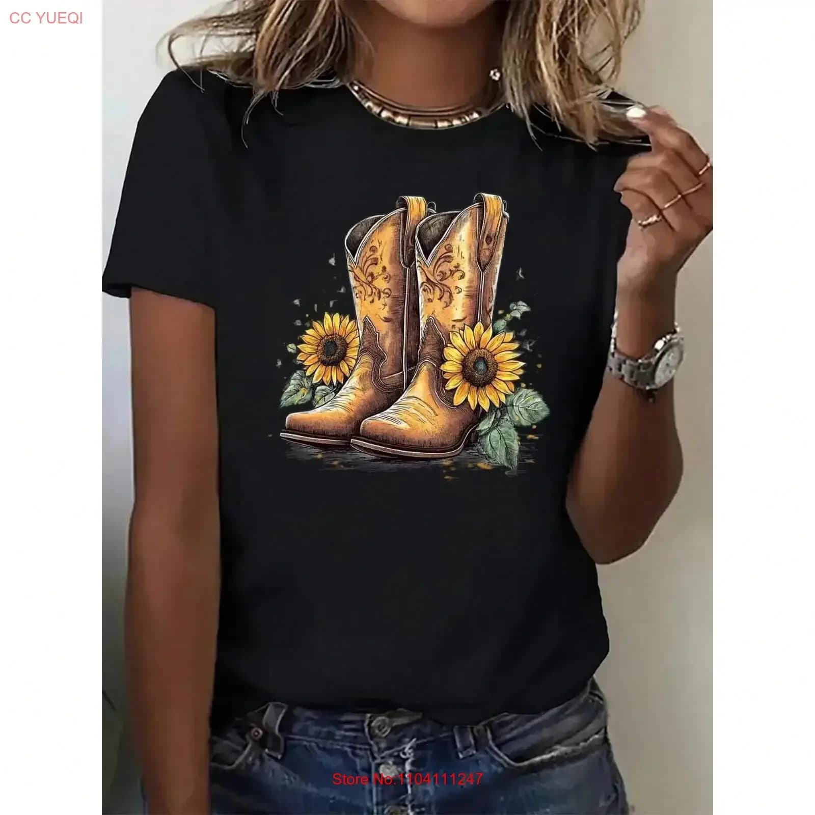 T-shirt girocollo leggera da donna, casual, con stampa girasole e stivali da cowboy, effetto vintage, alla moda, leggermente versatile