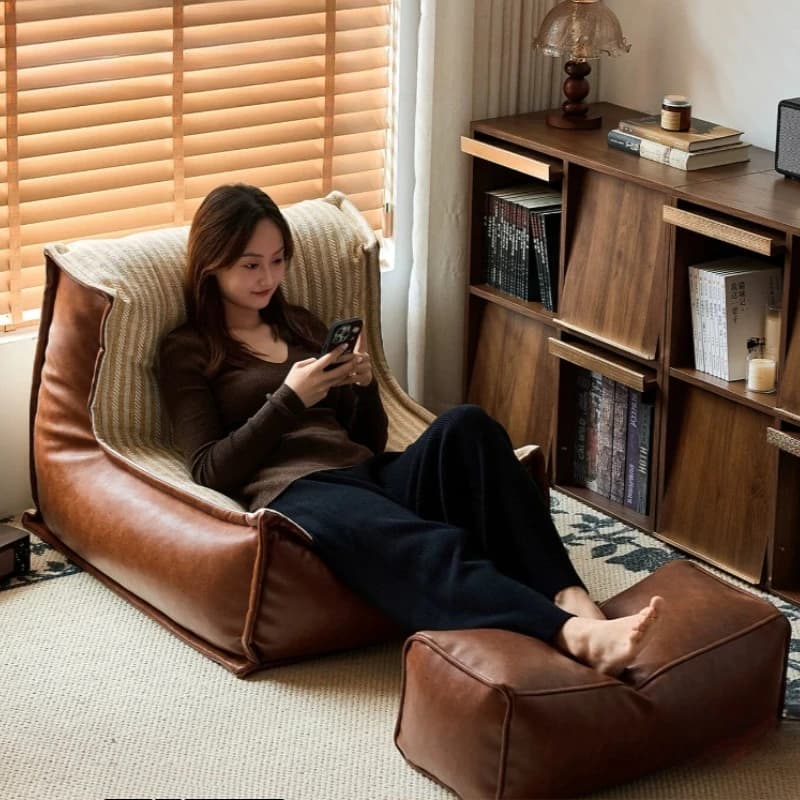 Lazy Floor Sofa Chair With Footstool Reclining Recliner Chair Indoor Reading Gaming Lounge Living Room Bedroom Apartment Home
