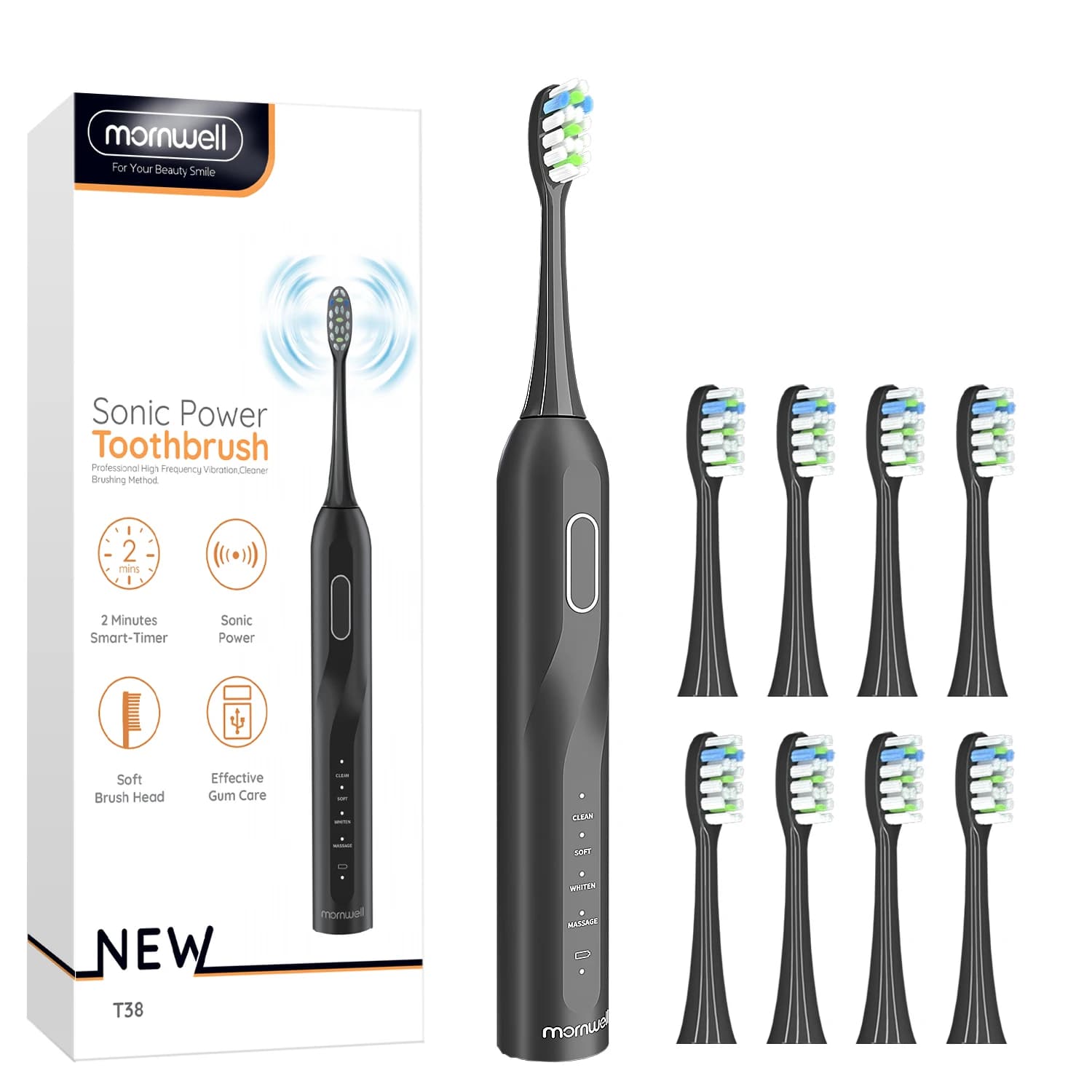 Mornwell T38 Sonic Electric Toothbrush USB charger Waterproof rechargeable electronic brushes 8 adult spare heads