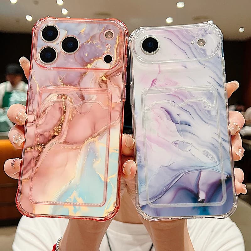 Watercolor Marble Case For iPhone 17 Pro Max Luxury Card Slot Back Clear Soft Cover For iPhone 16 15 14 13 Pro Max 11 16e 17e