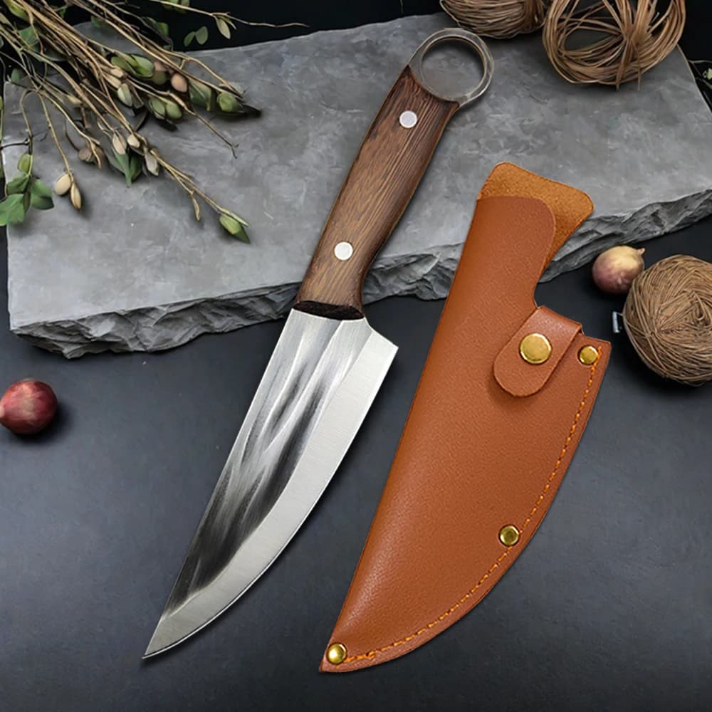 Full Tang Cooking Knife Meat Knife Macellaio Scratch cut with wooden handle Barbecue knife with sheath