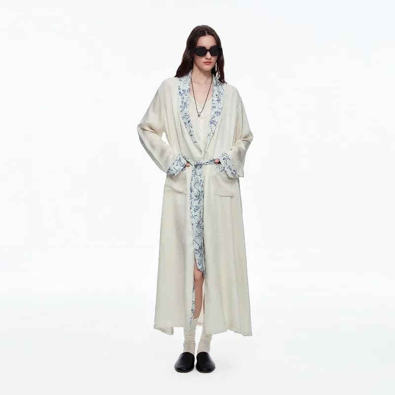 Minimalist Floral Contrast Trim Bathrobe Wide Cuff Long Sleeve Belted Maxi Loungewear Wrinkle Resistant Lightweight Bath Gown