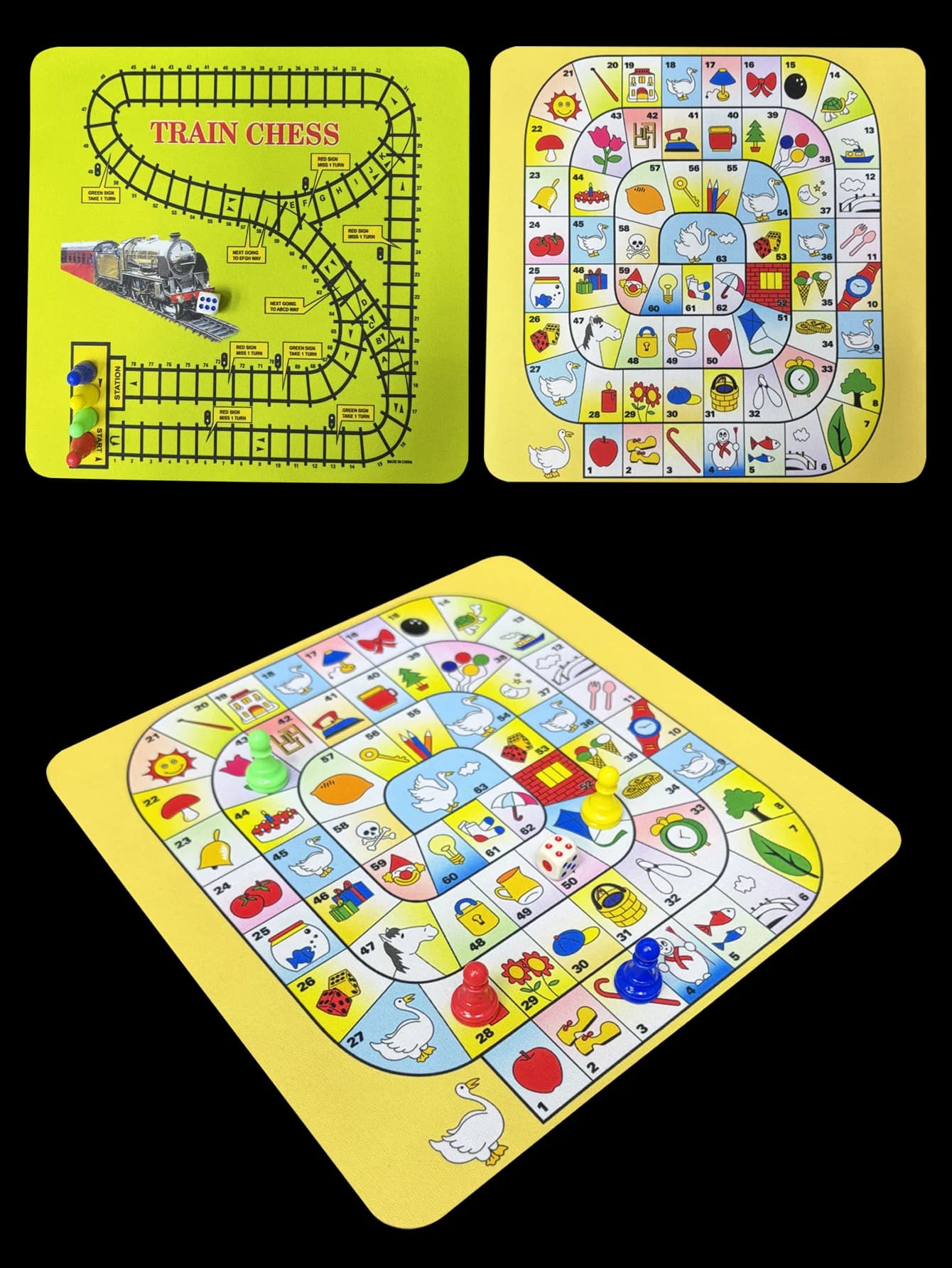 New 2-in-1 Game Set Traditional Game of Goose - Railway Track Game with Rubber Chessboard Plastic Pieces Family Dice Board Game