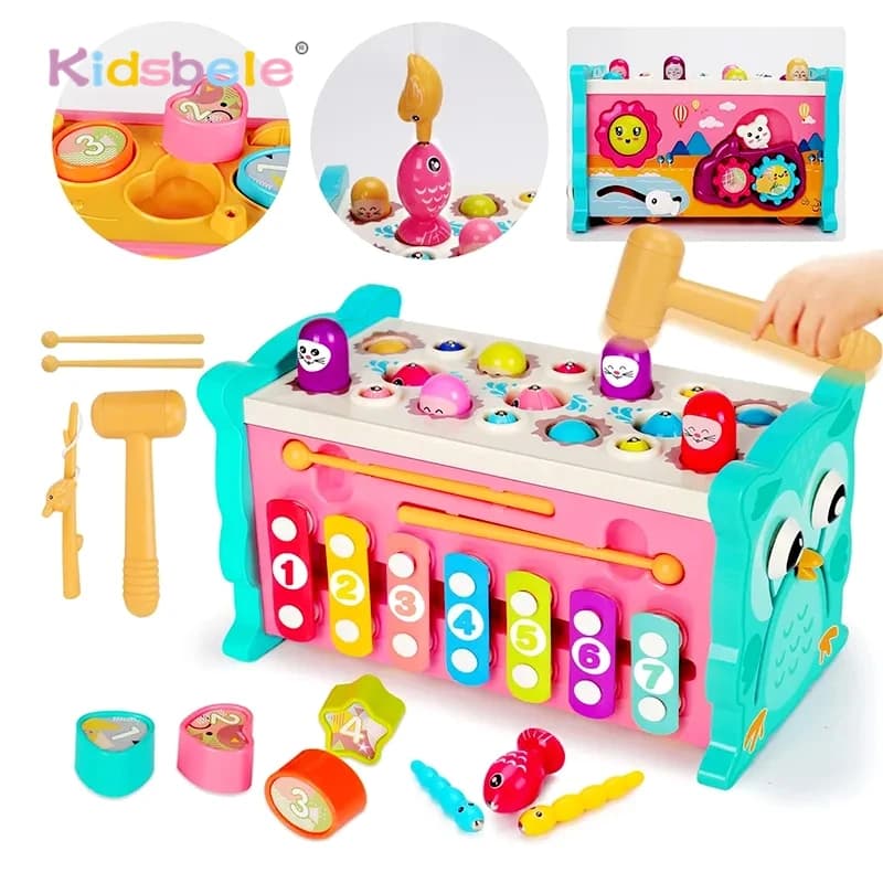 Bambini Montessori 8 in 1 Gioco di pesca Educativo Sensoriale Martello Giocattolo Attività Cubo Colpisci una talpa Giocattolo Regalo di compleanno per bambini