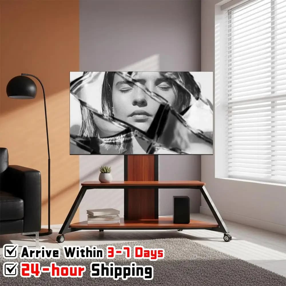 Rolling TV Stand for 60-100 Inch TVs Up To 220 Lbs with Wooden Shelves Swivel Rolling TV Cart Height Adjustable Lockable Wheels