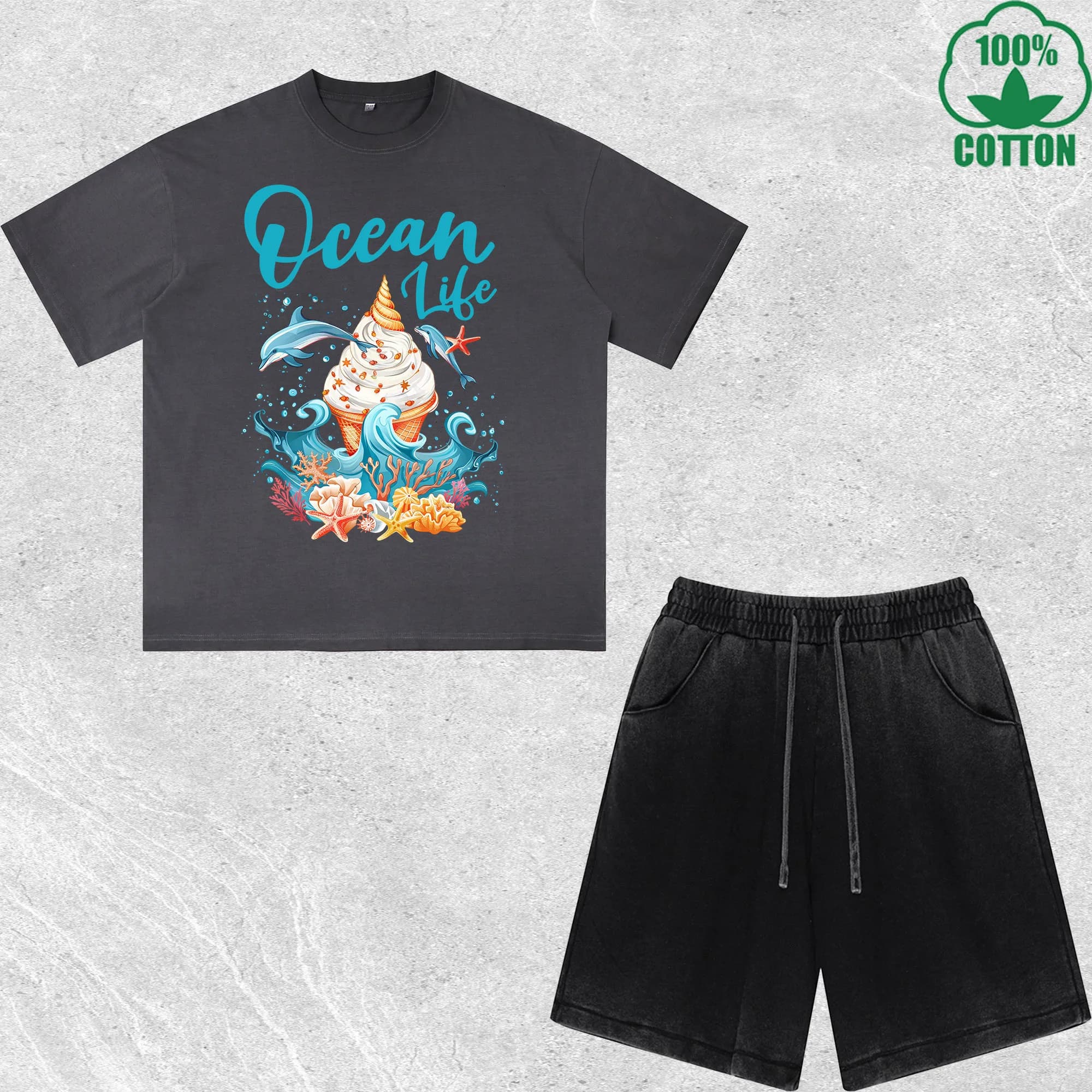 Set T-Shirt e Pantaloncini con Stampa Ocean Life, Effetto Lavato, Multicolore, Stile Trendy e Comodo, 100% Cotone