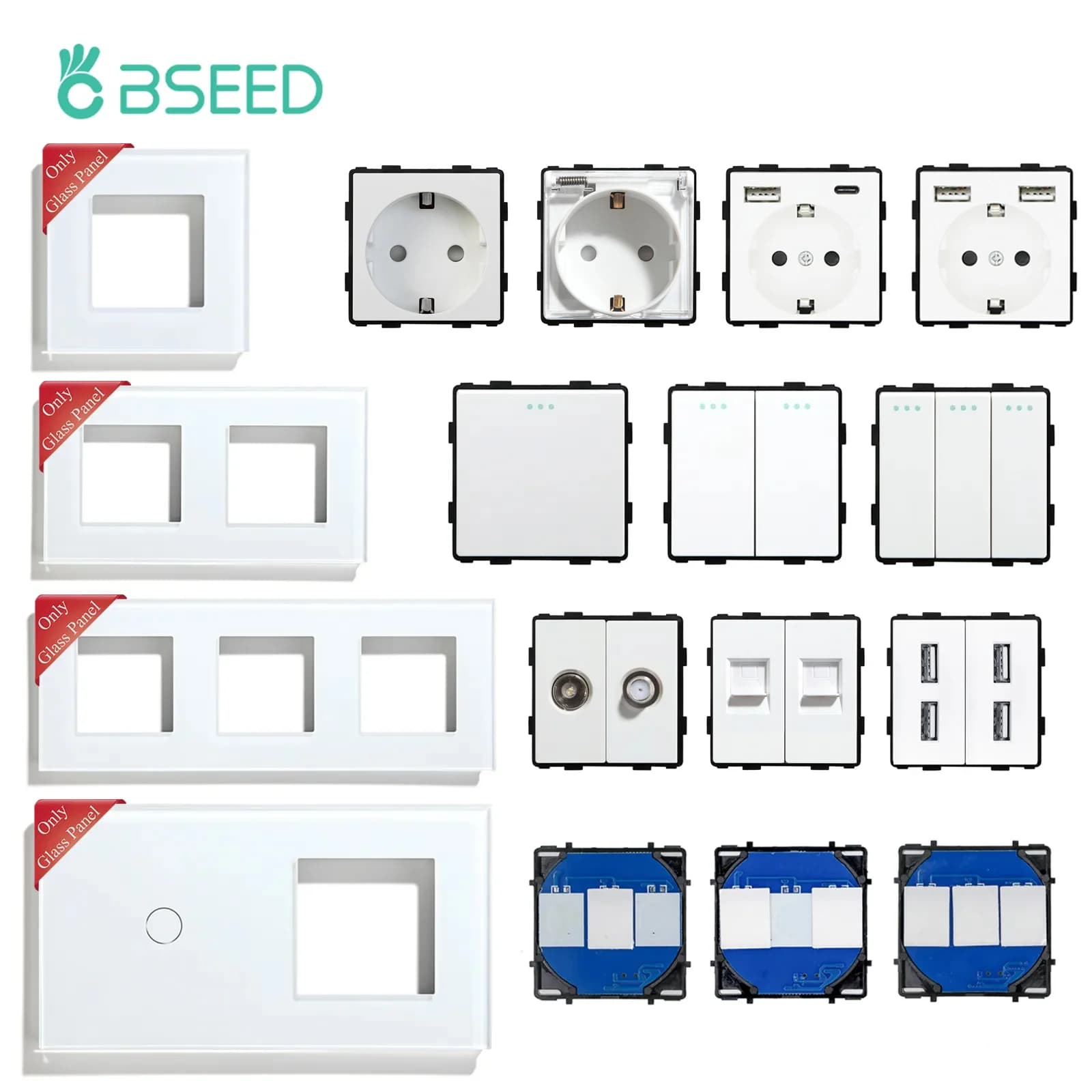 BSEED Mechanical Button Switches Glass Panel Frames for Ue Wall Plug Light Switches CAT5/6 USB Satellite sockets for TV DIY Parts
