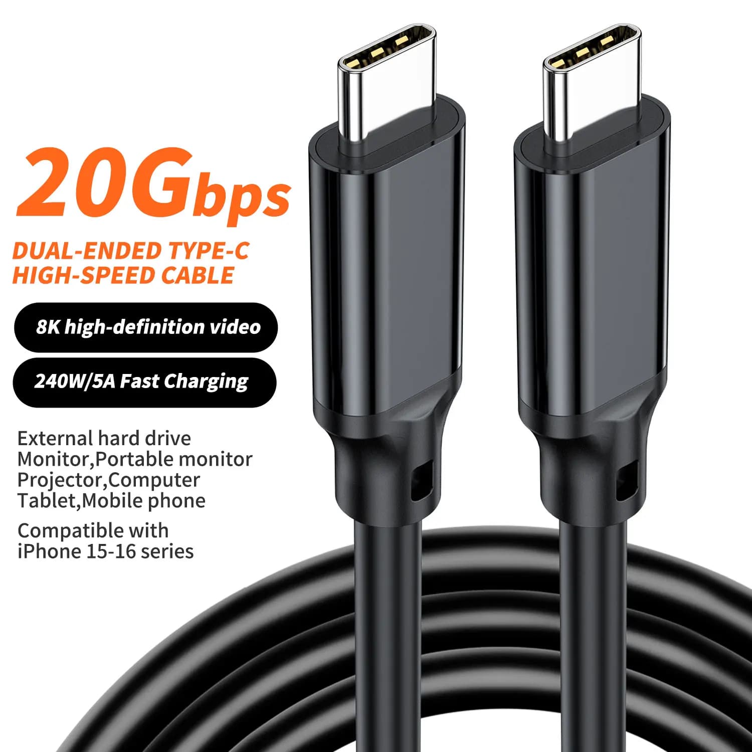 Cavo caricabatterie rapido da USB-C a USB-C, 20 Gbps, video 8K,240 W, compatibile per iPhone 16/15, iPad, Samsung Galaxy, tablet, laptop
