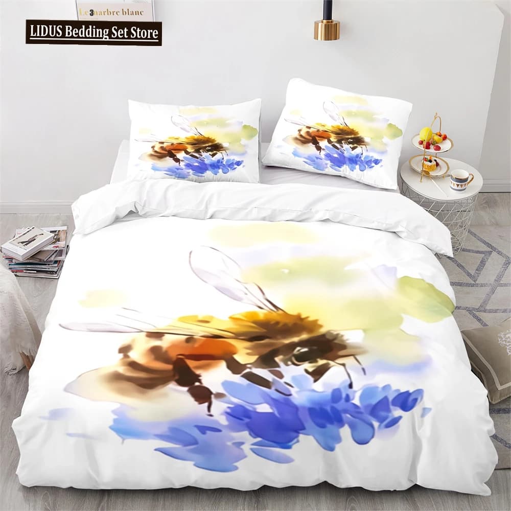 Bee Duvet Cover Set Watercolour Painting Cartoon Cute Wildlife Comforter Cover King Queen For Kids Girl Polyester Bedding Set