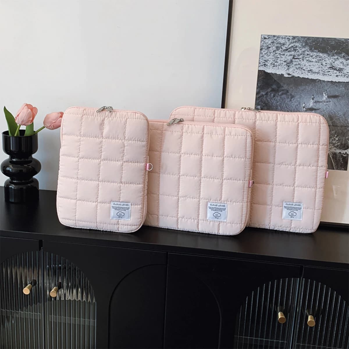 Custodia per laptop minimalista in nylon per donna, design leggero a quadretti, chiusura con cerniera per dispositivi da 11-15 pollici, uso quotidiano, pendolari