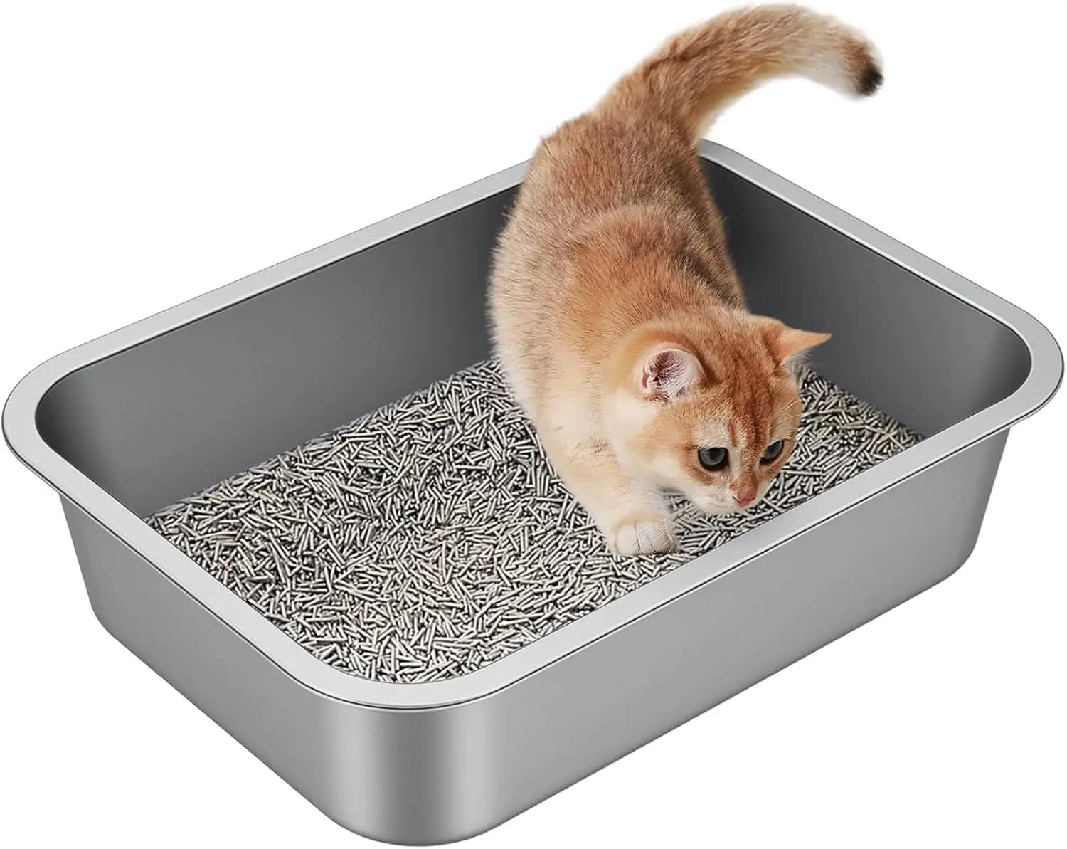 Stainless Steel Cat Litter Box XL- Metal High Sided Cat Pan, Large Stainless Steel Box, Indoor Litter Tray, Easy to Clean