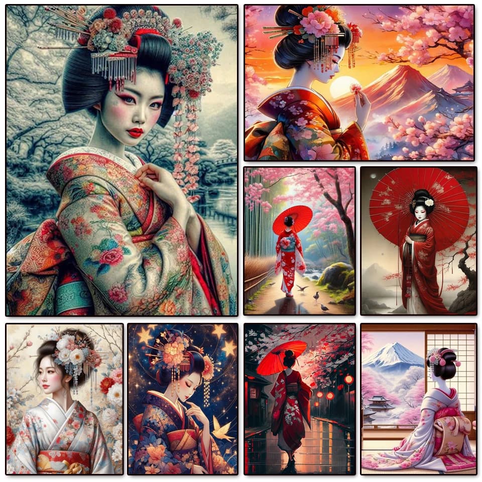 Pittura diamante 5D fai da te Kimono Donna Geisha Stile giapponese Punto croce Ricamo Diamante Mosaico Kit Strass Decorazione della casa