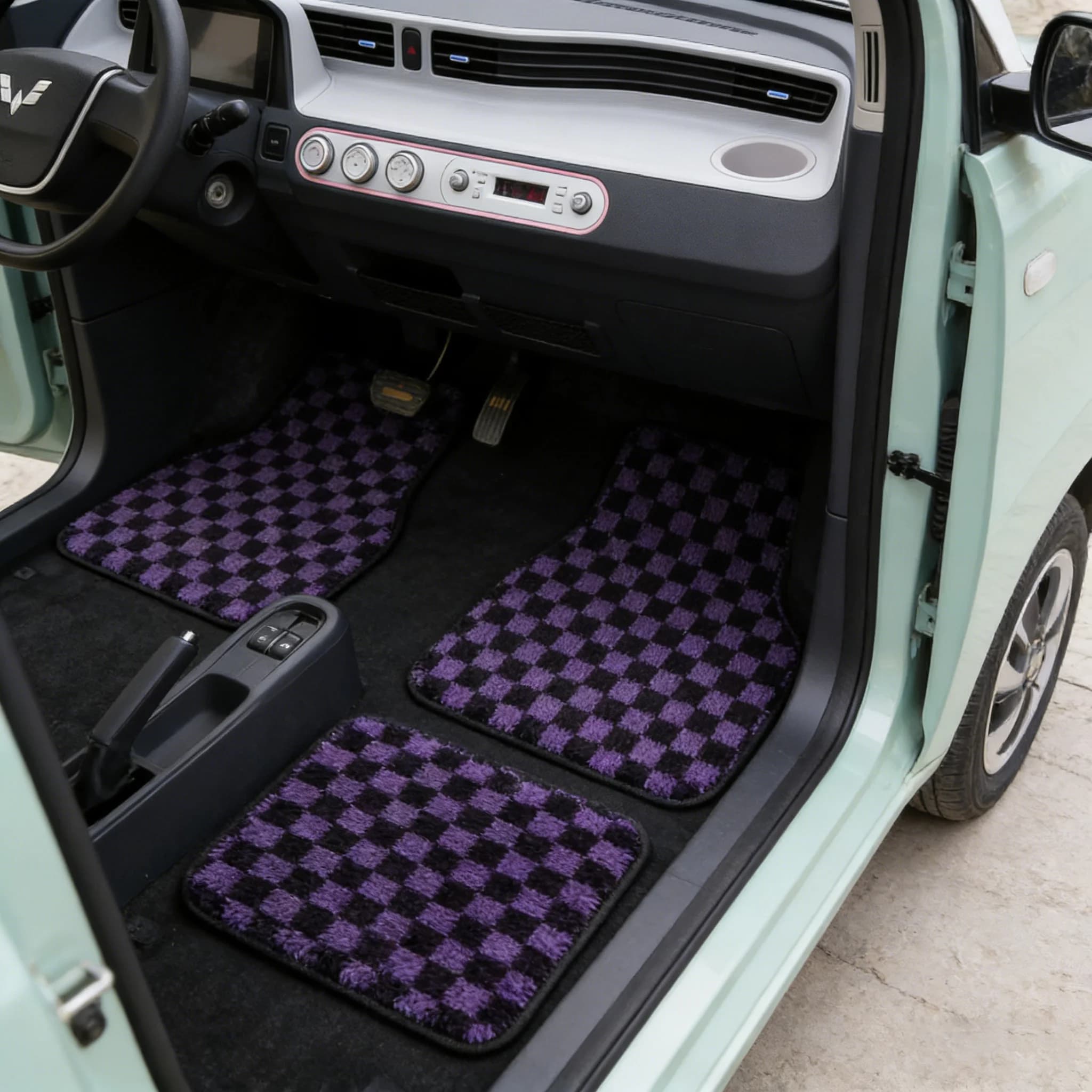 JDM Plush Checkered Floor Mats 4Pcs Universal Vehicle Carpets Non-Slip Car Front Rear Decoration Rugs Checker Pattern