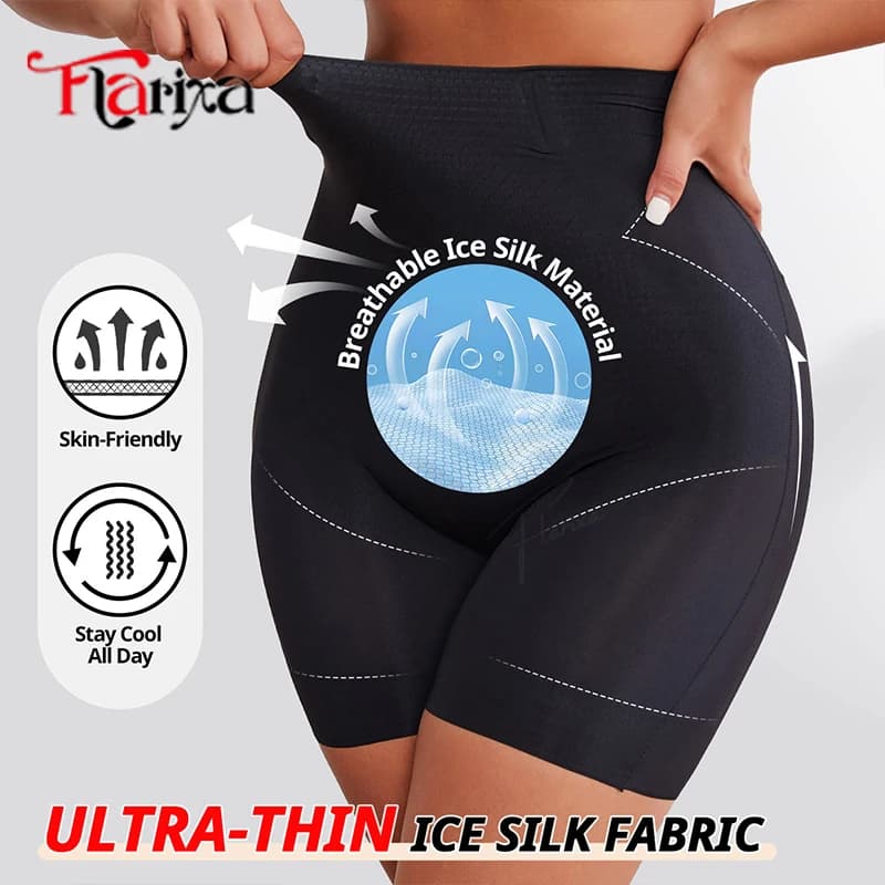 Flarixa Ice Silk Tummy Control Shorts Women Double Layer Slimming Belly Panties With High Waist Shapewear Boxers Hip Lift Pants