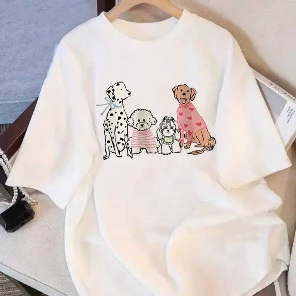 T-shirt da donna con stampa di cani cartoni animati Barboncino dalmata e strisce di cuori T-shirt per cani ampia e confortevole Abbigliamento per amanti degli animali domestici Y2Ktop