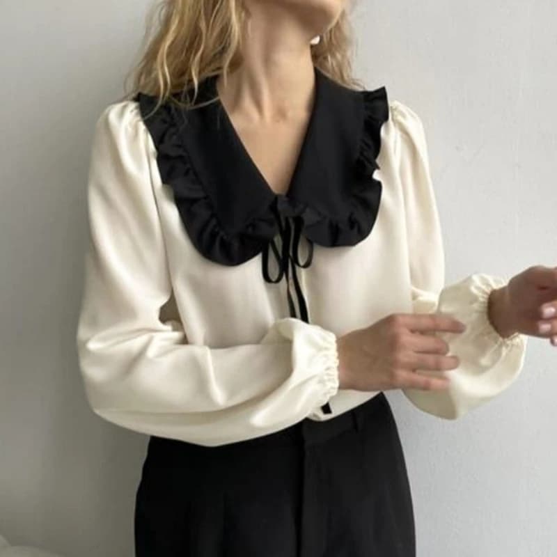 Camicetta da donna Tsiisd in raso a contrasto con volant e lacci, elegante e lussuosa, per l'ufficio e il commuting, alla moda, da donna, 2026