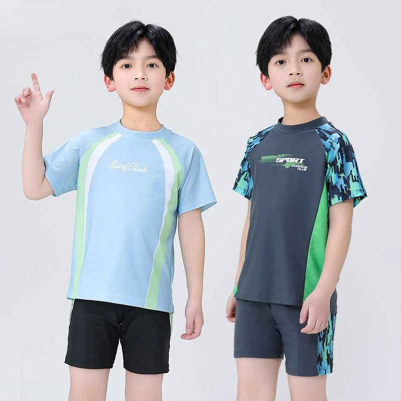 Two-piece swimsuit for children 2026, hood set, sun protection, quick drying, professional, with cartoon print