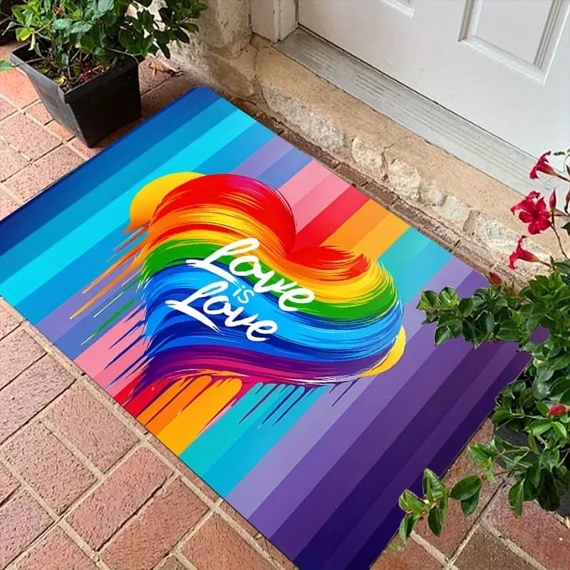 1pc Vibrant Rainbow Heart Welcome Mat - Non-Slip Polyester Floor Mat with "Love is Love" Design, Colorful Abstract Cat Print for