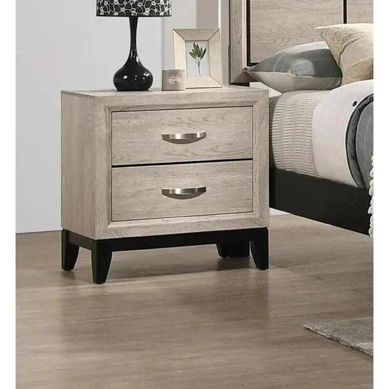 Comodino contemporaneo con 2 cassetti, finitura in legno flottante, maniglie in metallo, ideale per camera da letto e soggiorno