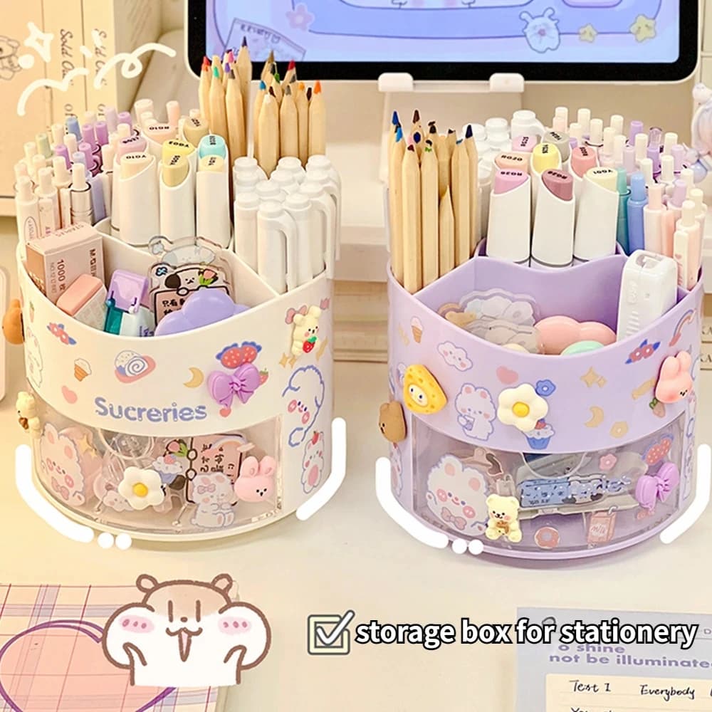 Nice rotating pen holder Table box Stationery box School office desk case Organizer stickers Kawaii storage box