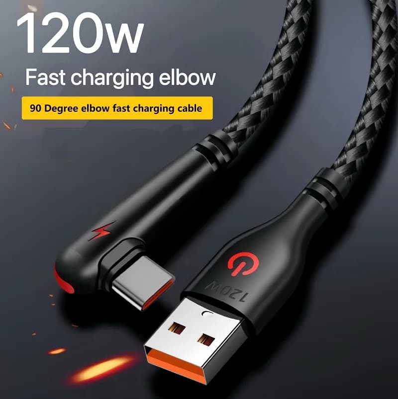 Cavo di ricarica rapida da USB a Type-C da 120 W, design a gomito a 90 gradi, cavo dati per cellulare intrecciato in nylon per Huawei, Oppo, Xiaomi, Samsung