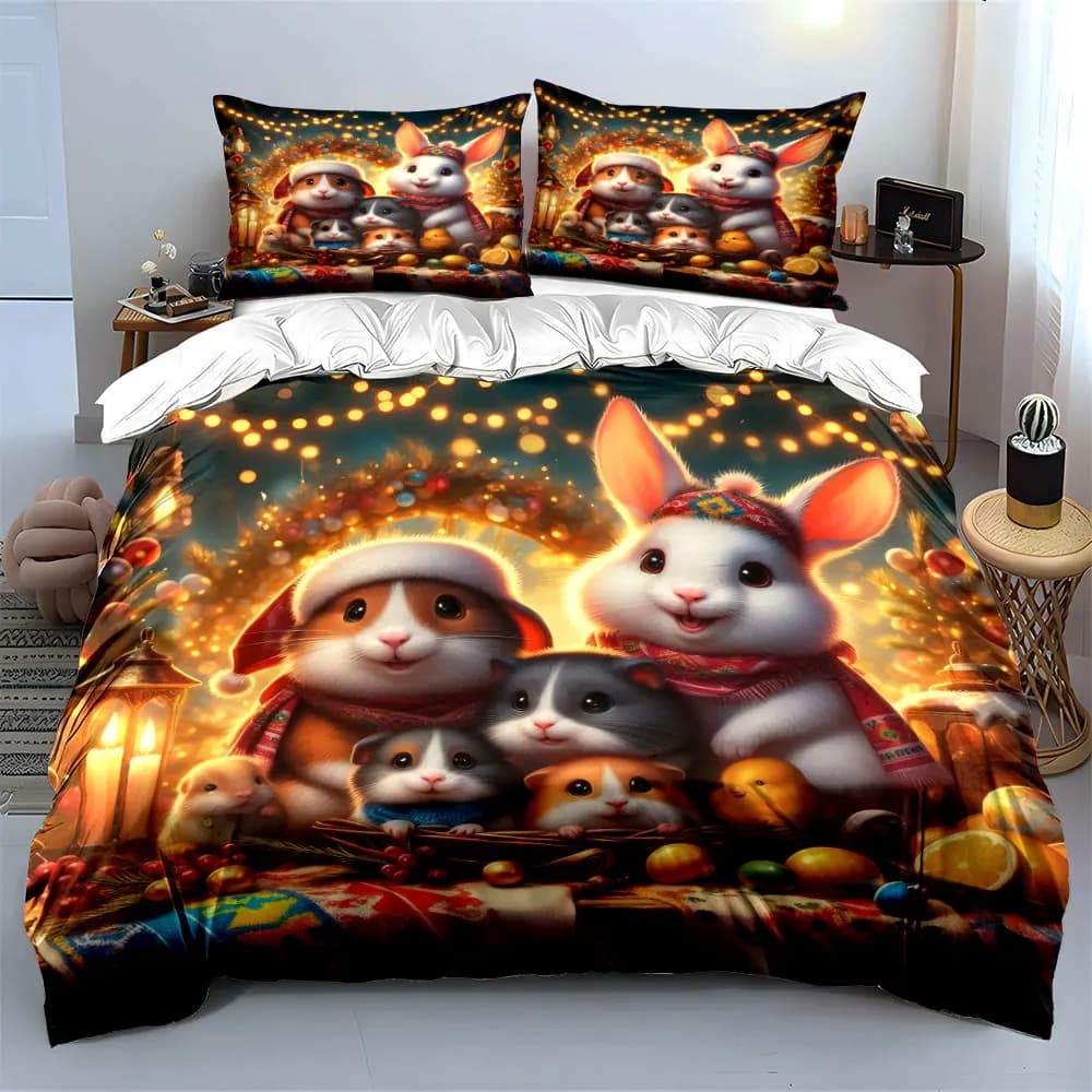 Cozy Gathering of Adorable Animals Under Festive Lights Print Duvet Cover Bedding Set Included 1*Duvet Cover 2*Pillowcases