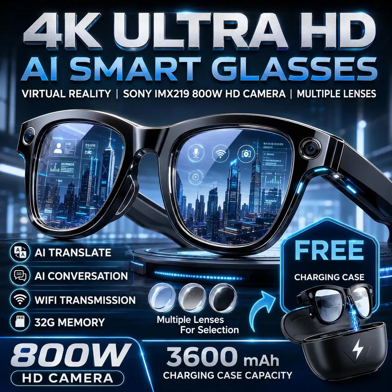 New 32G Memory 800W 4K Camera Smart Glasses Men Photos&Videos 3600mAh Power Bank 120+Languages Translation AI Glasses Women