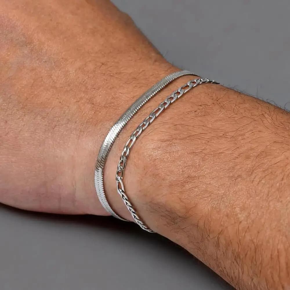 2 braccialetti da uomo con catena piatta, cinturino regolabile in acciaio inossidabile color argento, regalo di gioielli minimalisti unisex