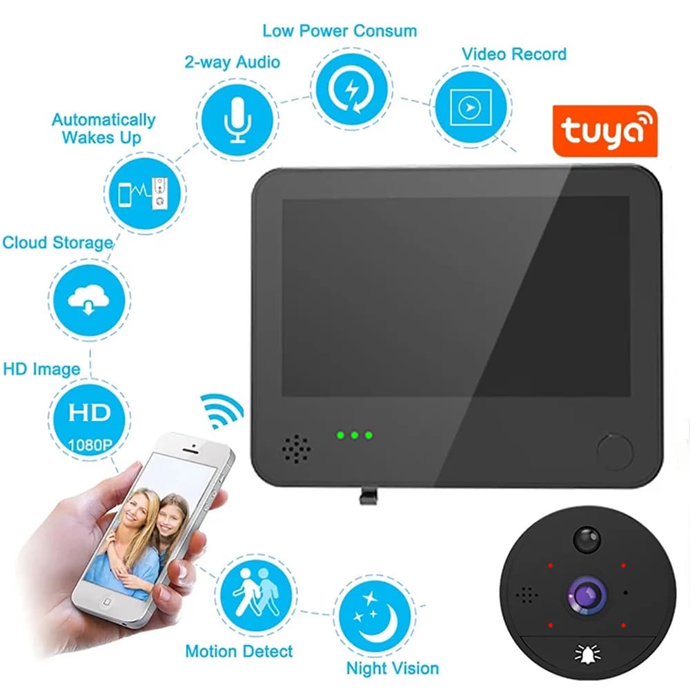 4.3 pollici 2MP 1080P S82 Tuya APP Wireless WIFI campanello IR visione notturna rilevamento del movimento videocitofono visore visivo per porta