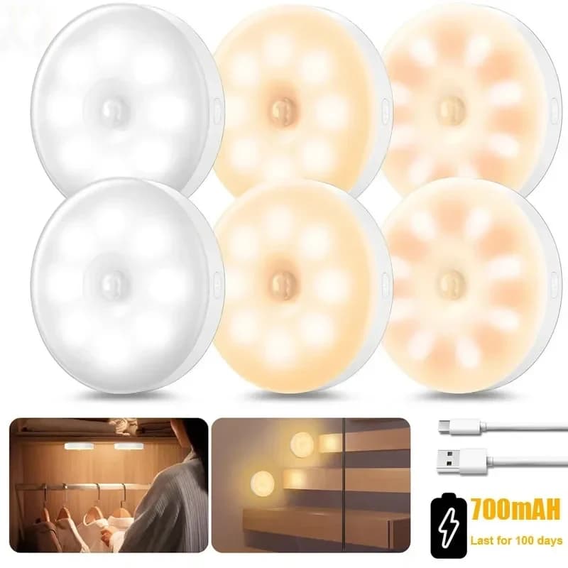 Luce notturna a LED con sensore di movimento, ricaricabile tramite USB, con batteria da 700 mAh, lampada wireless per armadio da cucina, luce per guardaroba