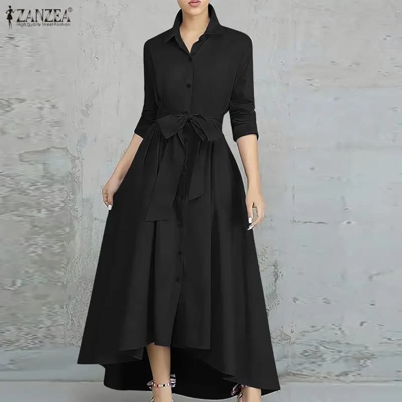 ZANZEA Women's Dresses Trend 2026 Spring Rewind Collar Sleeve 3/4 Shirt Dress Office Dress Summer Dress Autumn Hem Irregular Workwear Dress