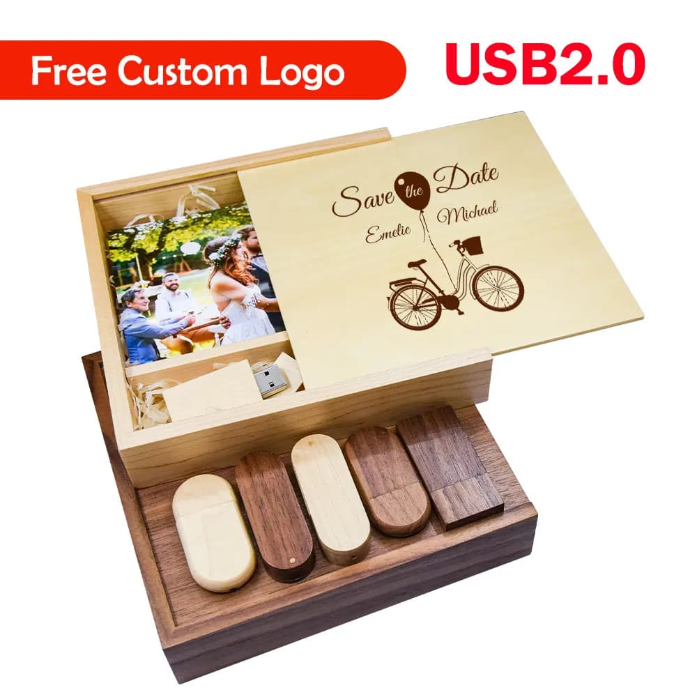Chiavetta USB 2.0 Scatola in legno di noce Pen Drive Logo personalizzato gratuito Memory Stick Fotografia Regalo di nozze Pendrive 64G 32gb 16gb