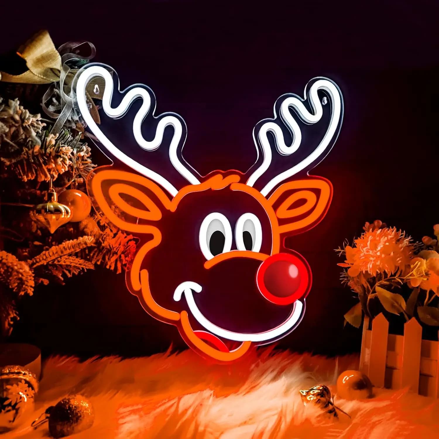 Simpatico insegna al neon con renna natalizia con luce a LED a naso rosso per decorazioni natalizie per feste in casa, acqua regalo di arte da parete festosa con bagliore arancione caldo